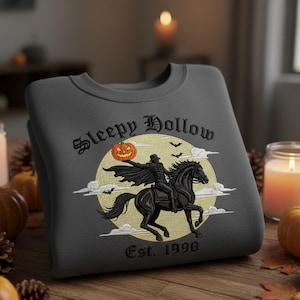Custom Sleepy Hollow Sweatshirt – Headless Horseman Pumpkin Moon Embroidery