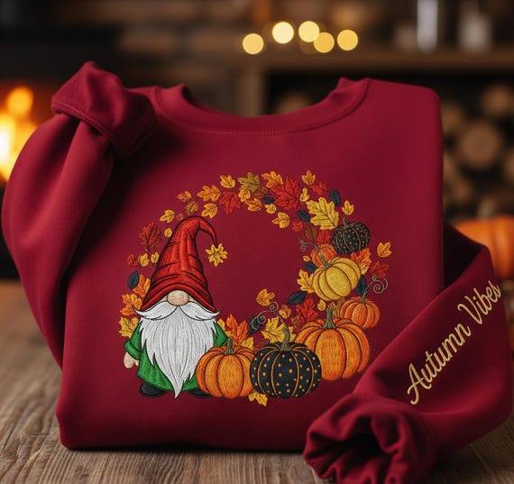 Autumn Vibes Gnome Embroidered Sweatshirt Pumpkin Fall Leaves Cozy Crewneck Pullover