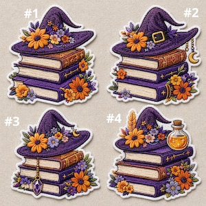 May include: Four embroidered patches featuring a witch hat atop a stack of books. Each patch has a different design, including flowers, a moon charm, and a potion bottle. The hats are purple, and the books are brown and purple.