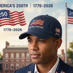Custom USA Flag Hat 250th Anniversary 1776–2026 Patriotic Embroidered Baseball Cap American Semiquincentennial Gift afbeelding 1