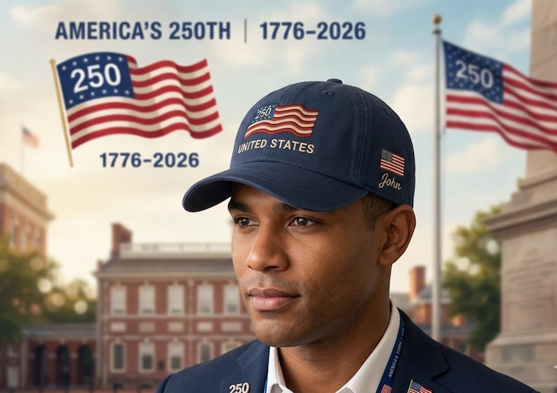 Custom USA Flag Hat 250th Anniversary 1776–2026 Patriotic Embroidered Baseball Cap American Semiquincentennial Gift afbeelding 1