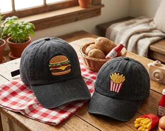 Custom Burger and Fries Embroidered Matching Dad Hat Funny Foodie Family Cap Cute Fast Food Gift for Couples