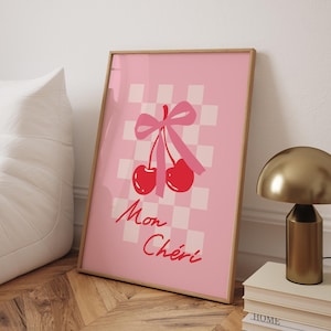 Mon Chéri Cherry Wall Art, French Aesthetic Print, Pink Decor, Aesthetic Cherry Wall Art, Romantic Quote Poster, Retro Digital Wall Art