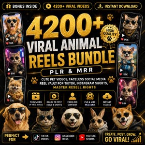 May include: A digital marketing graphic for a 4200+ Viral Animal Reels Bundle with PLR and MRR. The design features gold text on a black background, showcasing various animals wearing sunglasses, including dogs, cats, a panda, and a rabbit.