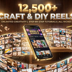 May include: A smartphone displaying a digital dashboard titled REELS BUNDLE, surrounded by a circular film strip of craft and DIY video thumbnails. The text 12,500+ CRAFT & DIY REELS UNLIMITED CREATIVITY | STEP-BY-STEP TUTORIALS | ALL NICHES appears above.
