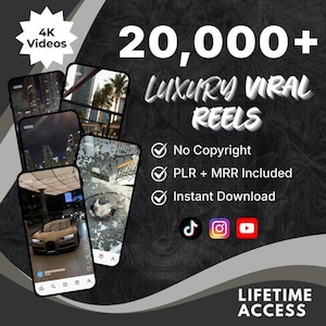 Puede incluir: Un gráfico digital que presenta 20,000+ Luxury Viral Reels con videos en 4K. El texto incluye No Copyright, PLR + MRR Included, Instant Download y Lifetime Access. Iconos de TikTok, Instagram y YouTube aparecen sobre un fondo oscuro.