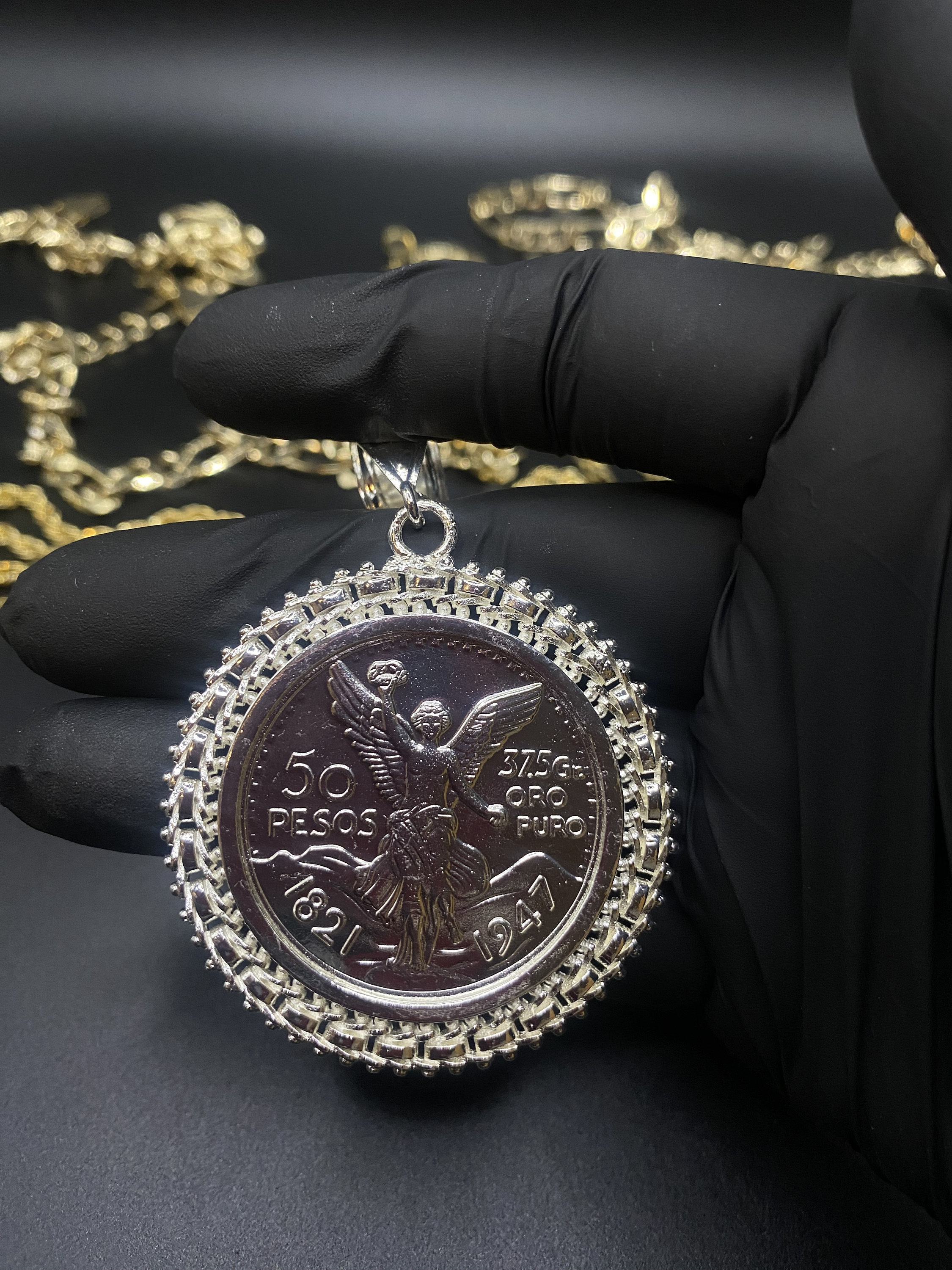 14k Gold Plated Centenario 50 Pesos Pendant With Rope or Figaro Chain