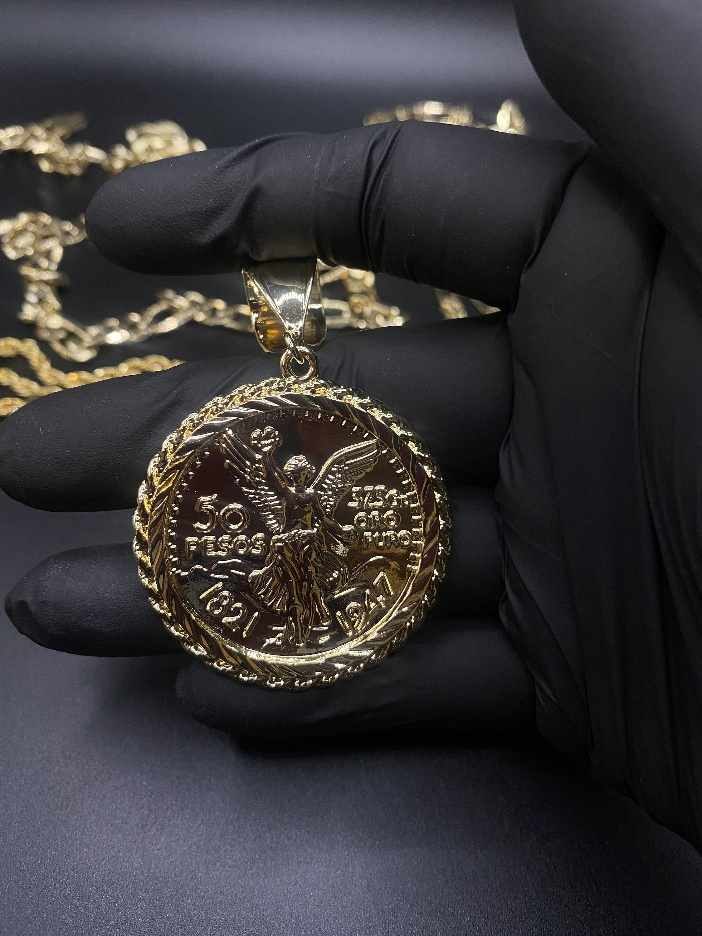 14k Gold Plated Centenario 50 Pesos Pendant With Rope or Figaro Chain