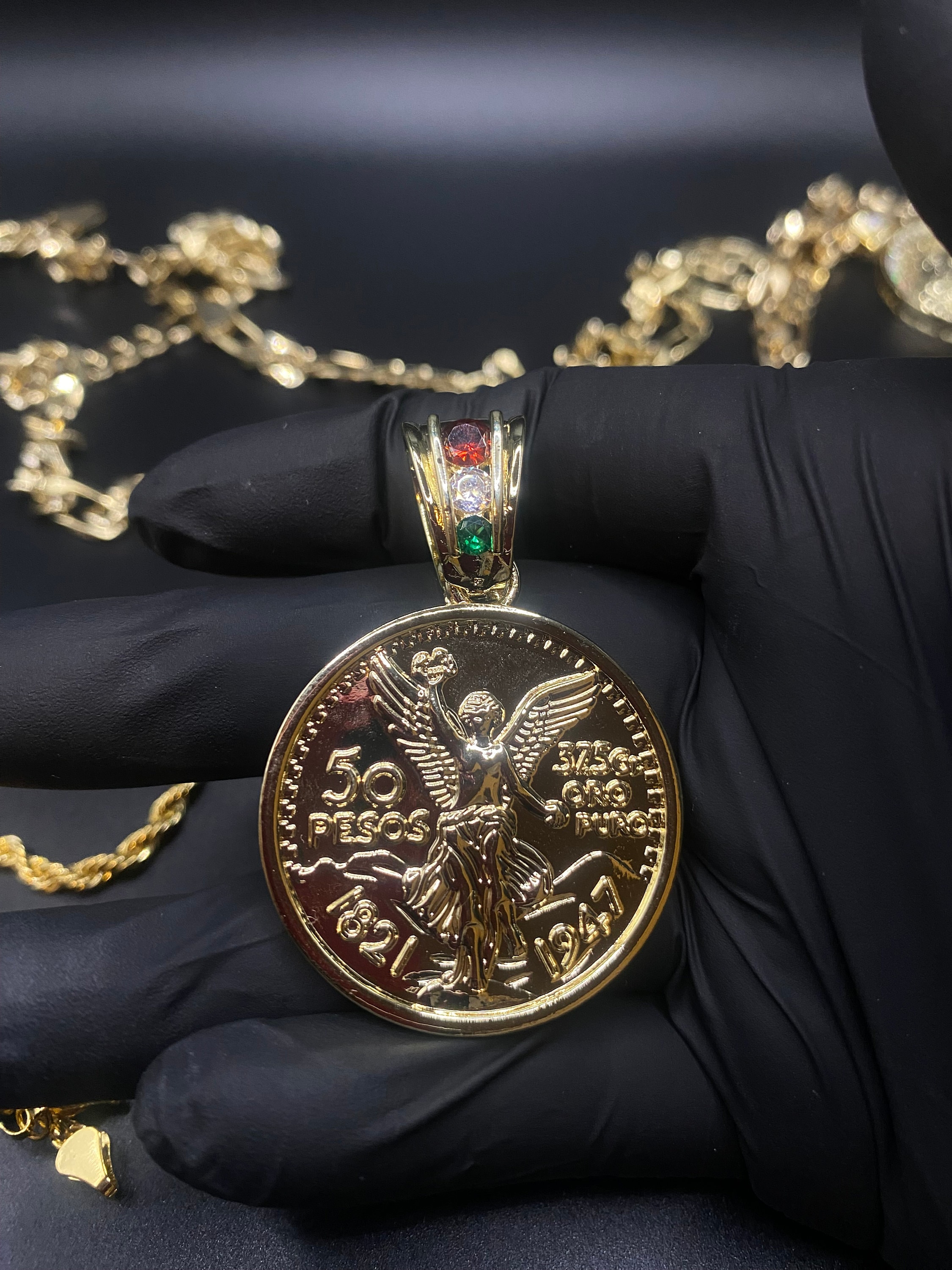 14k Gold Plated Centenario 50 Pesos Pendant With Rope or Figaro Chain