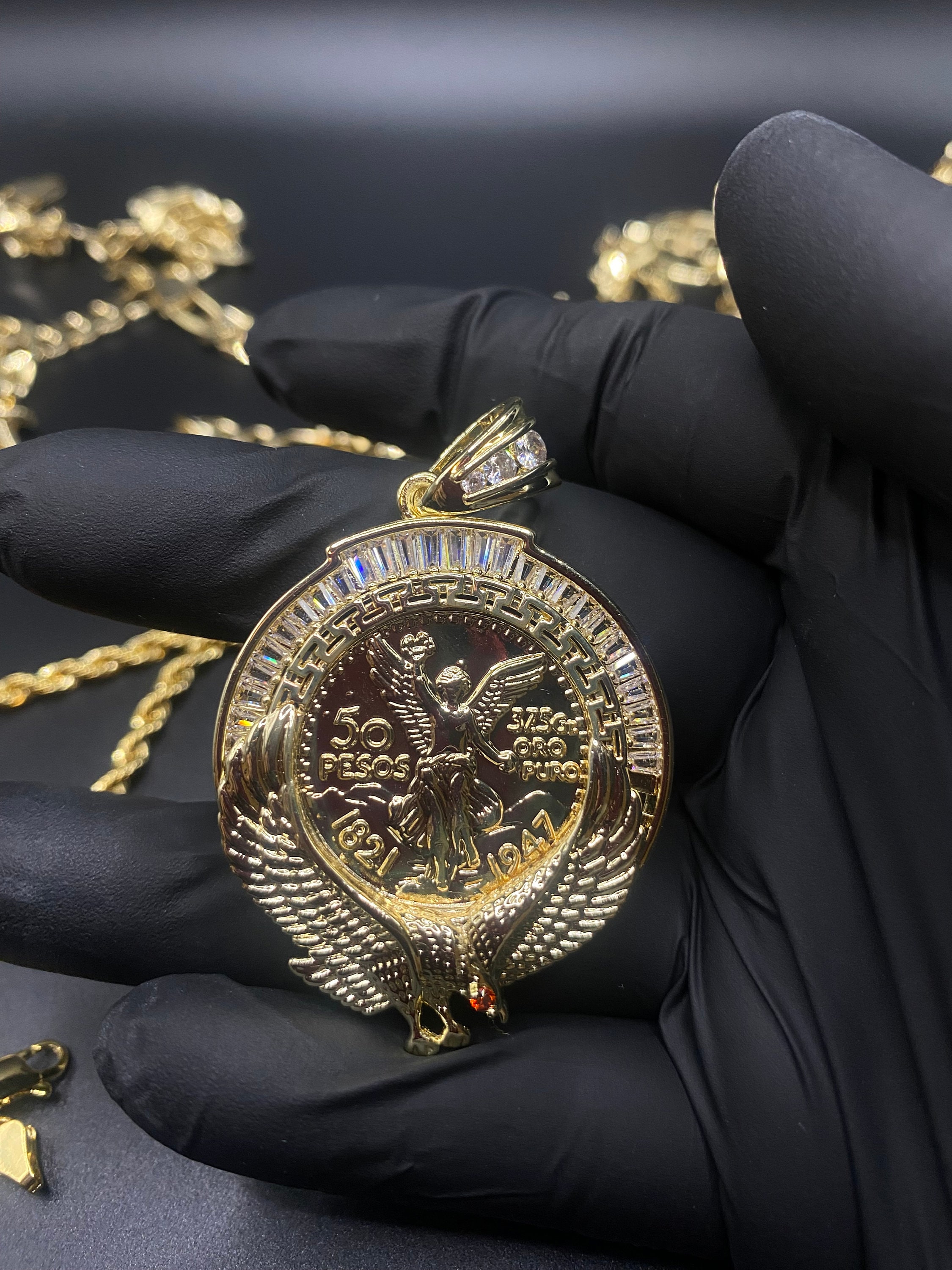 14k Gold Plated Centenario 50 Pesos Pendant With Rope or Figaro Chain