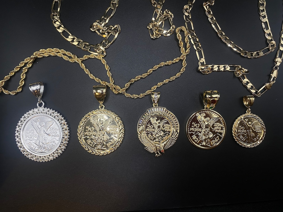 14k Gold Plated Centenario 50 Pesos Pendant With Rope or Figaro Chain