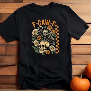 Crow Raven PNG, F-CAW-F Funny Halloween png, Gothic Floral Checkered PNG, Dark Bird Sublimation Design, Crow Bird Humor Design