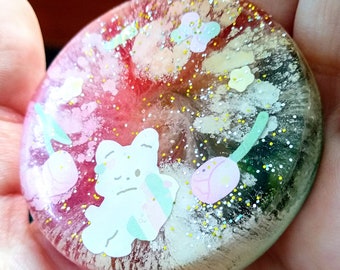 Cute Kawaii Epoxy Resin Alcohol Ink Glittery Flower Cat Keychain