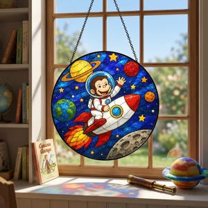 May include: A round stained glass window featuring a monkey astronaut on a rocket ship, surrounded by planets and stars. The window is suspended by a chain and hangs in front of a window. The image includes a Curious George book.