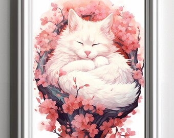 Chat confortable dormant dans l'arbre de Sakura : Art mural imprimable A2/A3/A4, fond blanc, téléchargement numérique coloré