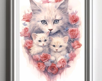 Chat et chatons en coeur rose : Art mural imprimable A2/A3/A4, téléchargement numérique, fond blanc, mignon et ludique