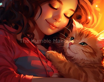 Cozying With Cat By The Fire: A1-A5 Printable Wall Art, Télécharger, Décoration d'intérieur, Fille au coin du feu, Chat au coin du feu