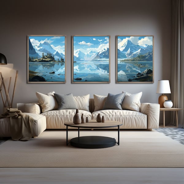 Tryptic Norwegian Fjord Inspired Bright Posters, Set Of 3, Tryptic Wall Art, Triptych Wall Art, SVG/JPG, Fjord Wall Art, A1, 2:3 (24x36)