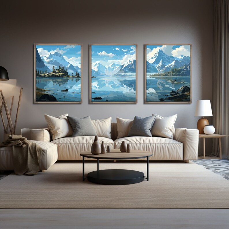 Tryptic Norwegian Fjord Inspired Bright Posters, Set Of 3, Tryptic Wall Art, Triptych Wall Art, SVG/JPG, Fjord Wall Art, A1, 2:3 24x36 image 1