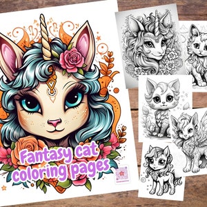Può includere: Una collezione di pagine da colorare di gatti fantasy. L'immagine principale presenta un'illustrazione colorata di un gatto con un corno di unicorno, capelli blu e accenti floreali. Sono incluse anche illustrazioni aggiuntive di gatti in bianco e nero.