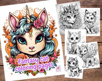 Fantasy Cat Coloring Pages, Adults + Kids, Instant Download, Printable PDF, Cats, Caticorn, Animal coloring sheet, Detailed coloring