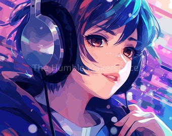 Nightcore Anime Girl With Headphones In Blue Pink And Purple Vector Graphics Poster Wall Art : A1-A5 Printable Wall Art, Download, Home Decor
