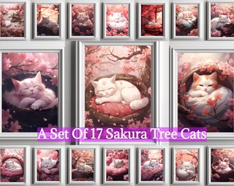 Ensemble de 17 impressions de chat arbre Sakura : Art mural imprimable A2/A3/A4, téléchargement numérique, décoration d’intérieur