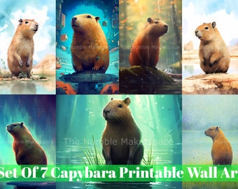 Capybara Wall Art, Printable Wall Art, Ensemble de 7, Impressions numériques