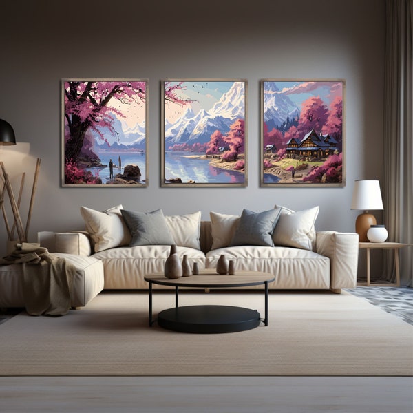 Tryptic Japan Geïnspireerd Fantasy Posters, Set van 3, Tryptic Wall Art, Triptych Wall Art, Afdrukbaar, SVG/JPG, A1, 2:3 (24x36)