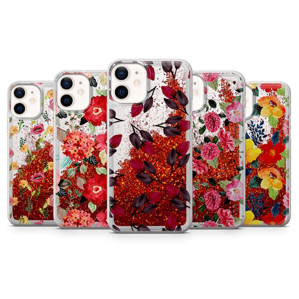 Liquid Glitter phone case ,Floral ,floating glitter Cover For Iphone 15,15 Pro,15 Plus,15 Pro Max,14 Pro Max,13, 12, 11, XR, XS,8+