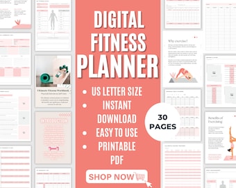 Może przedstawiać: Cyfrowy planer fitnessowy z 30 stronami, w różowo-białym schemacie kolorystycznym. Planer zawiera sekcje na plany treningowe, planowanie posiłków i śledzenie postępów. Tekst "DIGITAL FITNESS PLANNER" jest wyświetlany dużą czcionką u góry obrazu.