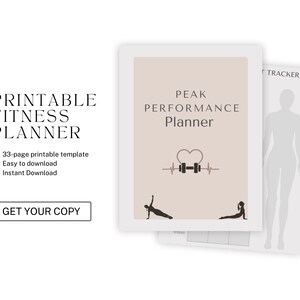 Puede incluir: Un planificador de fitness imprimible con una portada rosa y blanca. La portada presenta un corazón con una mancuerna dentro, una línea de latido del corazón y el texto "PEAK PERFORMANCE Planner".