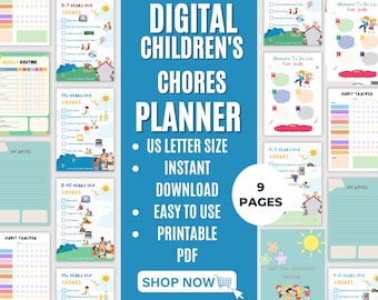 May include: A digital printable planner for children's chores. The planner includes 9 pages with different chore lists for various age groups, a weekly routine, habit tracker, and notes pages. The planner is designed with colorful illustrations and a fun, kid-friendly theme.