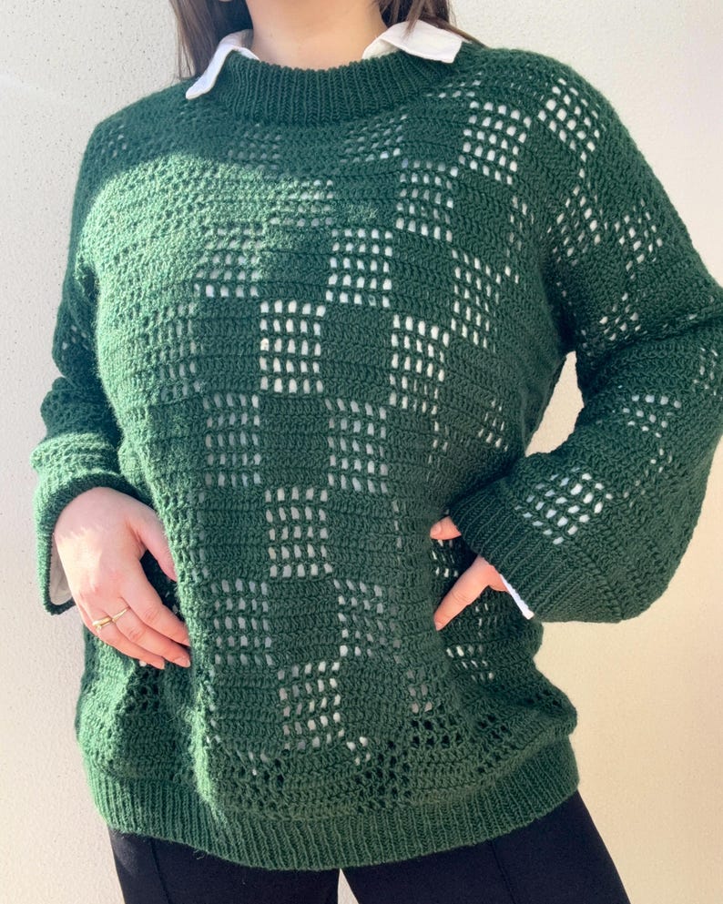 Pu&ograve; includere: Un maglione all'uncinetto verde scuro con un motivo a quadri. Il maglione ha maniche lunghe e girocollo. Sotto si vede una camicia bianca con colletto. Il maglione &egrave; realizzato con un filato morbido e strutturato.