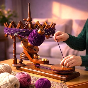 Enrolador de novelos e suporte para novelos de lã artesanais em madeira de faia e jacarandá. Personalizado e com 5 correias de borracha grátis.
