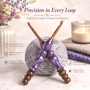 May include: Two crochet hooks with dark brown wooden handles and marbled purple resin grips, crossed over a grey yarn ball. The hooks feature the text 5.0mm engraved on the neck. The image includes text: Precision in Every Loop, Crafted for Comfort. Designed for Perfection, and Indian Wood craft store.