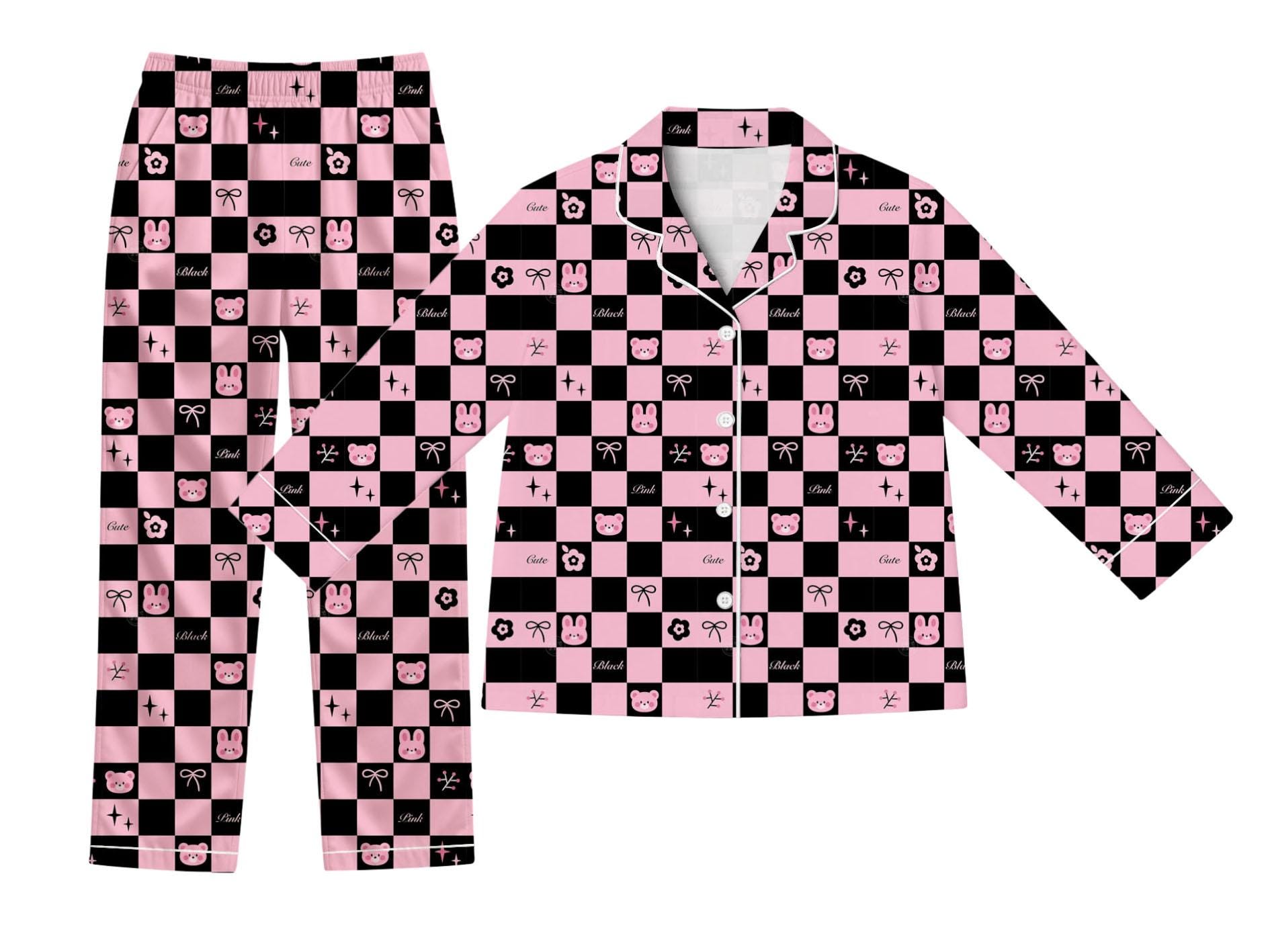 Discover Kawaii Kids Pajama Set, Pink Black Checkered Bear Bunny PJs