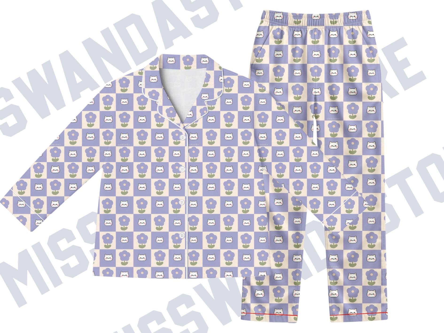 Discover Cat and Flower Kids Pajama Set, Pastel Purple Checkered PJs Kids