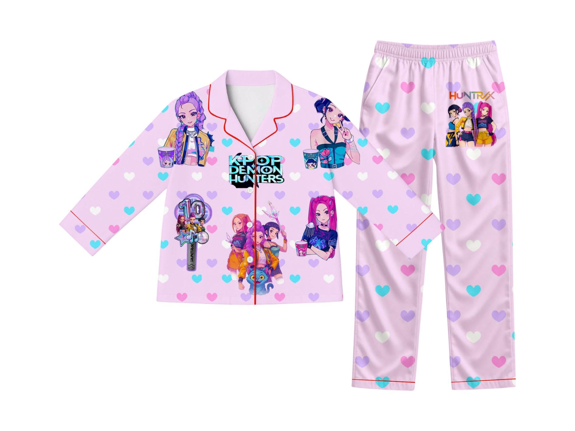 Discover K-Pop Demon Hunter Kids Pajama Set, Cute Huntrix Anime Sleepwear, Pastel Heart Print PJs