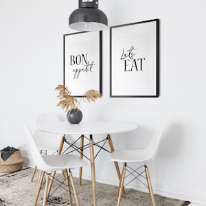 Set of 2 Kitchen Wall Art Prints | Bon Appetit & Let&#39;s Eat | Modern Black and White Prints