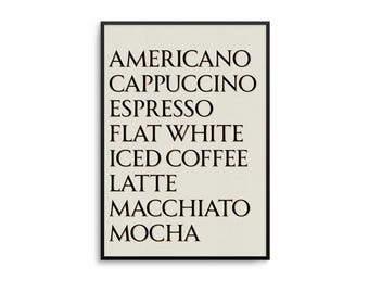 Coffee Menu Kitchen Print: Beige and Black Minimalist Art