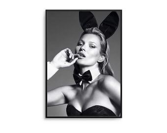 Kate Moss Bunny Pose Print: Black and White Fashion Photography