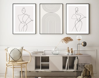 Abstract Woman Line Art Print Set: Beige Rainbow Arch Trio
