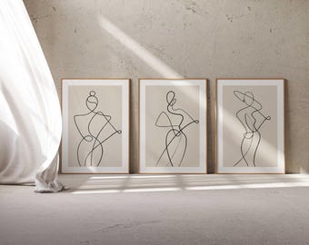 Abstract Woman Line Art Prints: Beige Minimalist Decor, Set of 3