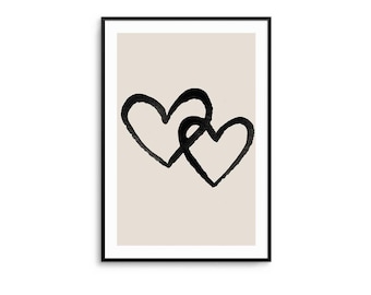 Black Hearts Duo Art Print: Beige Love Illustration, Home Decor