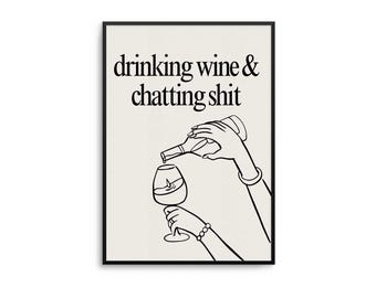 Funny Wine Quote Print: Line Art Bar Cart Decor