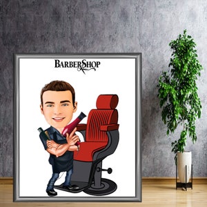 Cartone animato da barbiere digitale personalizzato, caricatura da barbiere per foto, regalo di Natale per barbiere, ritratto digitale da barbiere, divertente caricatura da barbiere per uomo