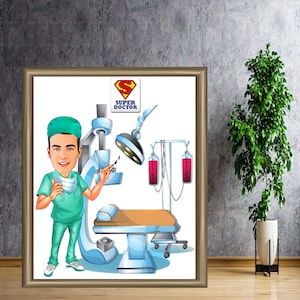 Digitaler benutzerdefinierter männlicher Chirurg Cartoon, männlicher Doktor Karikatur für Foto, Weihnachtsgeschenk für Doktor, Doktorporträt, lustiges Doktor-Karikatur-Geschenk