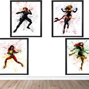 Set von 9 weiblichen Marvel Superhelden, digitales Aquarell Marvel Poster, Avengers Kinder Wandkunst, Kinderzimmer Wanddekor, Download Mädchen Geschenk