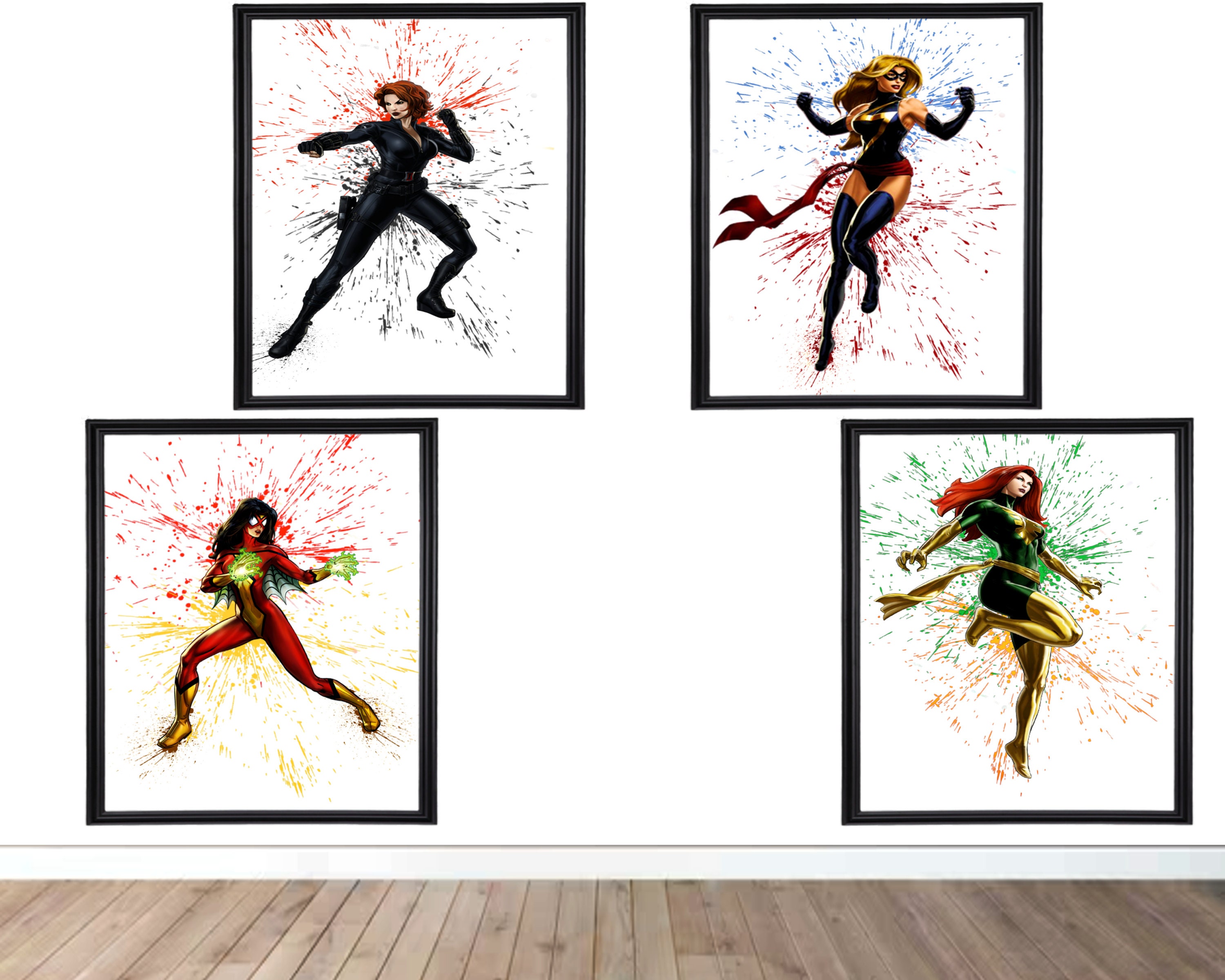Set of 9 Female Marvel Superheroes , Digital Watercolor Marvel Poster